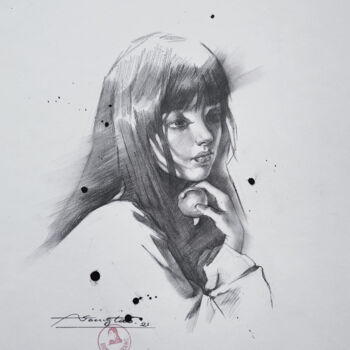 Drawing titled "Portrait of girl #2…" by Hongtao Huang, Original Artwork, Pencil