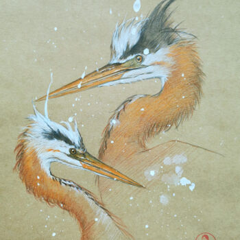 Desenho intitulada "A pair of herons" por Hongtao Huang, Obras de arte originais, Lápis