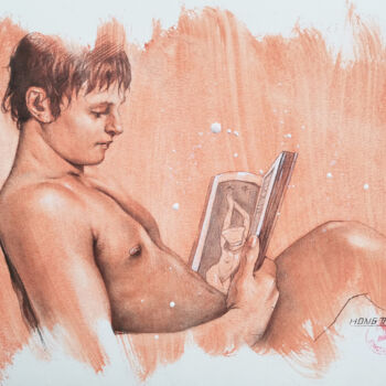 Drawing titled "Reading art books" by Hongtao Huang, Original Artwork, Charcoal