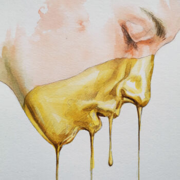 Malerei mit dem Titel "Golden Memory" von Hongtao Huang, Original-Kunstwerk, Aquarell