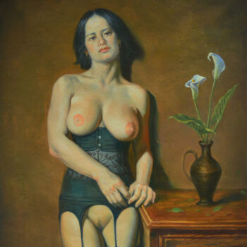 Oil painting artwork-woman and flower