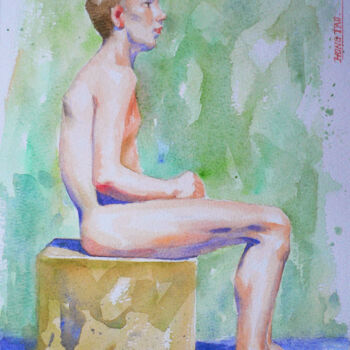 Pintura intitulada "WATERCOLOR BOY #170…" por Hongtao Huang, Obras de arte originais, Aquarela