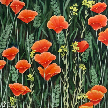 Malarstwo zatytułowany „Wild Poppies” autorstwa Hongz Neher, Oryginalna praca, Akryl Zamontowany na Drewniana rama noszy