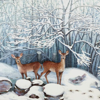 Pittura intitolato "Deer in Winter" da Hongz Neher, Opera d'arte originale, Acrilico Montato su Telaio per barella in legno