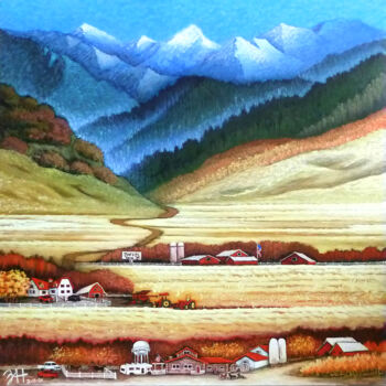 Painting titled "Autumn Farm" by Hongz Neher, Original Artwork, Acrylic Mounted on Wood Stretcher frame