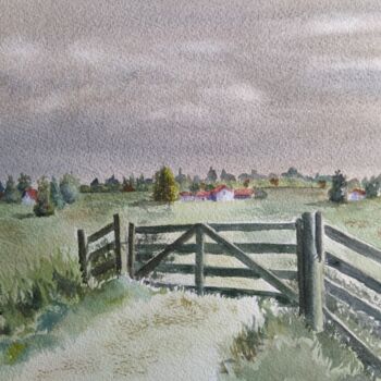 Painting titled "Old Farm Gate" by Horacio Cobas, Original Artwork, Watercolor