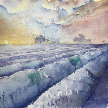 Schilderij getiteld "Lavender Sunrise" door Horacio Cobas, Origineel Kunstwerk, Aquarel