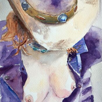 Painting titled "Cowgirl" by Horacio Cobas, Original Artwork, Watercolor