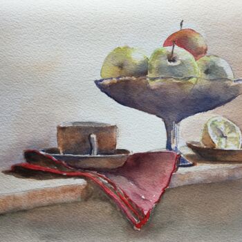 Painting titled "Citrons et Pommes" by Horacio Cobas, Original Artwork, Watercolor