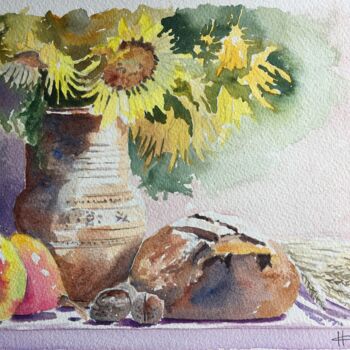 Картина под названием "Bread and Sunflowers" - Horacio Cobas, Подлинное произведение искусства, Акварель