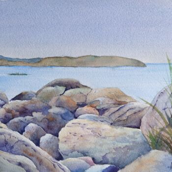 Pintura intitulada "Rocks by the Ocean" por Horacio Cobas, Obras de arte originais, Aquarela