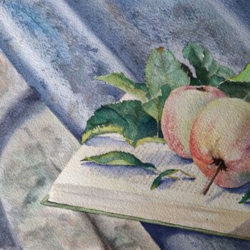 Картина под названием "Book and Apples" - Horacio Cobas, Подлинное произведение искусства, Акварель