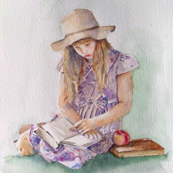 Schilderij getiteld "Girl Reading Outdoo…" door Horacio Cobas, Origineel Kunstwerk, Aquarel