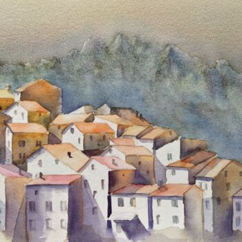 Malerei mit dem Titel "Village Corse" von Horacio Cobas, Original-Kunstwerk, Aquarell