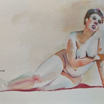 Peinture intitulée "Contemplative Nude" par Horacio Cobas, Œuvre d'art originale, Aquarelle
