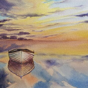 Peinture intitulée "Boat at Sunset" par Horacio Cobas, Œuvre d'art originale, Aquarelle