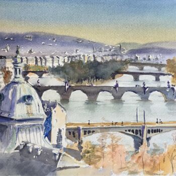 Painting titled "Bridges Over River" by Horacio Cobas, Original Artwork, Watercolor