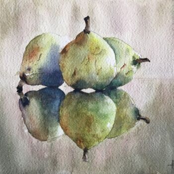 Painting titled "Pears Side by Side" by Horacio Cobas, Original Artwork, Watercolor