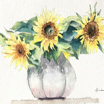 Schilderij getiteld "Sunflowers Bouquet" door Horacio Cobas, Origineel Kunstwerk, Aquarel
