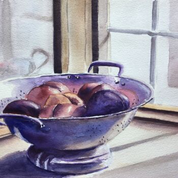 Painting titled "Peach Bowl by the W…" by Horacio Cobas, Original Artwork, Watercolor