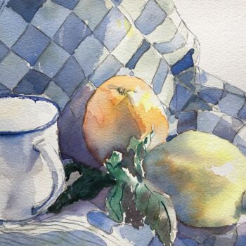 Painting titled "Cup, Lemon and Oran…" by Horacio Cobas, Original Artwork, Watercolor