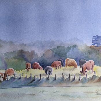 Painting titled "Cattle Gridlock" by Horacio Cobas, Original Artwork, Watercolor
