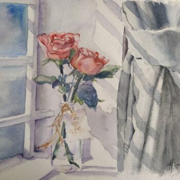 Картина под названием "Red Roses by the Wi…" - Horacio Cobas, Подлинное произведение искусства, Акварель