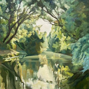 Painting titled "Pond in summer" by Horia Solomon, Original Artwork, Oil