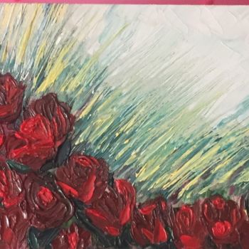 Painting titled "In deep red flowers" by Howaida Kamel, Original Artwork, Oil