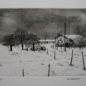 Gravures & estampes intitulée "Neige au village" par Henry-Pierre Troussicot, Œuvre d'art originale, Eau-forte