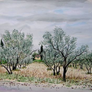 Painting titled "oliviers à St Rémy" by Henry-Pierre Troussicot, Original Artwork, Watercolor