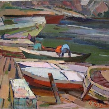 Schilderij getiteld "Black Sea, Boats" door Hrant Stepanyan, Origineel Kunstwerk