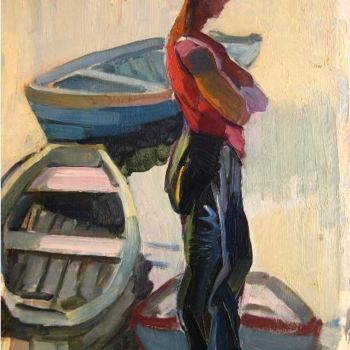 Painting titled "The Boy at the Seas…" by Hrant Stepanyan, Original Artwork, Oil