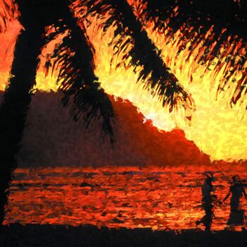 Arts numériques intitulée "Sunset in sea. Palm." par Hranush Stepanyan, Œuvre d'art originale, Peinture numérique