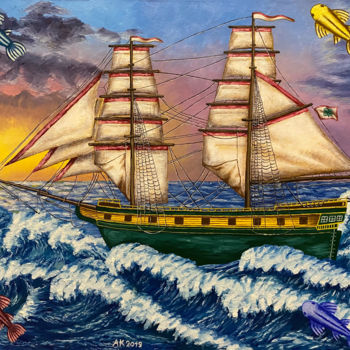 Painting titled "Ship of Luck" by Anastasia Kurganova, Original Artwork, Oil