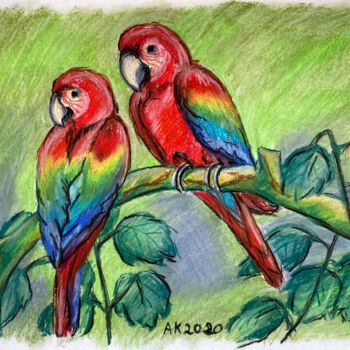 Drawing titled "Ara Parrots" by Anastasia Kurganova, Original Artwork, Pastel