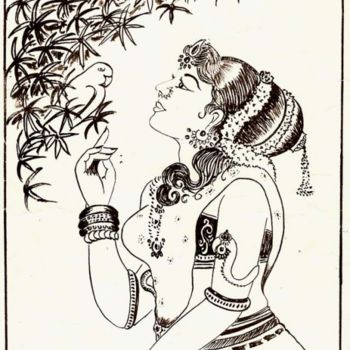 Dibujo titulada "indian ink - lady p…" por Gunaroopam Raja, Obra de arte original