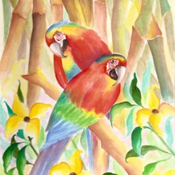 Schilderij getiteld "parrots water color" door Gunaroopam Raja, Origineel Kunstwerk