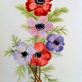 Painting titled "ANEMONES un bouquet…" by Catherine Huard, Original Artwork, Watercolor