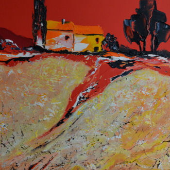 Peinture intitulée "mas-au-ciel-rouge.j…" par Hubert, Œuvre d'art originale, Huile