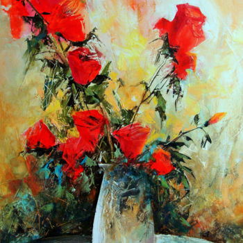 Painting titled "Розы в белой вазе" by Aleksandr Lednev, Original Artwork, Oil