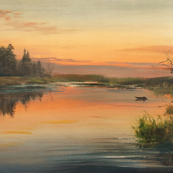 Картина под названием "Рассвет.На рыбалку" - Александр Леднев, Подлинное произведение искусства, Масло