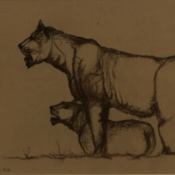 Zeichnungen mit dem Titel "Lionne et son lionc…" von Hugo Bartoli, Original-Kunstwerk, Pastell