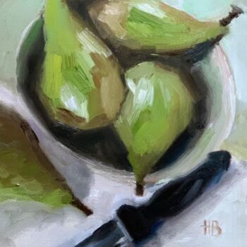 Schilderij getiteld "Pears in a bowl" door Hugo Boslak, Origineel Kunstwerk, Olie