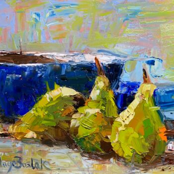 Painting titled "Pears and a blue bo…" by Hugo Boslak, Original Artwork, Oil