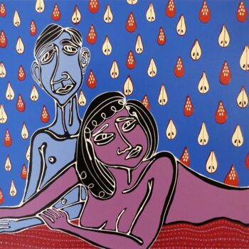 Pittura intitolato "Um casal na cama" da Hugo Castilho, Opera d'arte originale, Smalto Montato su Telaio per barella in legno