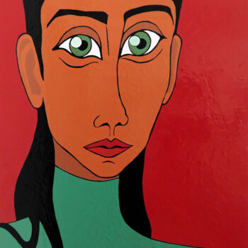 Картина под названием "Olhos verdes" - Hugo Castilho, Подлинное произведение искусства, Эмаль Установлен на Деревянная рама…