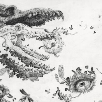 Dibujo titulada "Jaws and flies" por Hugo Simon, Obra de arte original, Tinta Montado en Cartulina