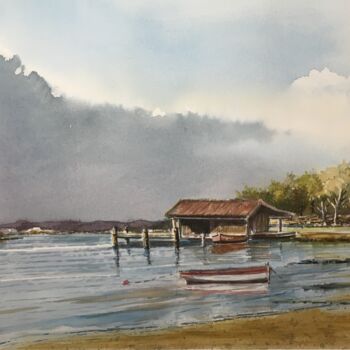 Painting titled "Bassin Arcachon lac…" by Hugues Bret, Original Artwork, Watercolor Mounted on Cardboard