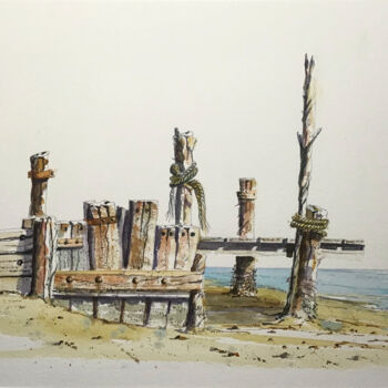 Painting titled "Le ponton Bassin Ar…" by Hugues Bret, Original Artwork, Watercolor Mounted on Cardboard